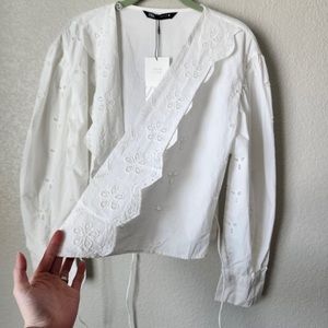 ZARA Eyelet Poplin Puff Sleeve wrap blouse in white NEW size M